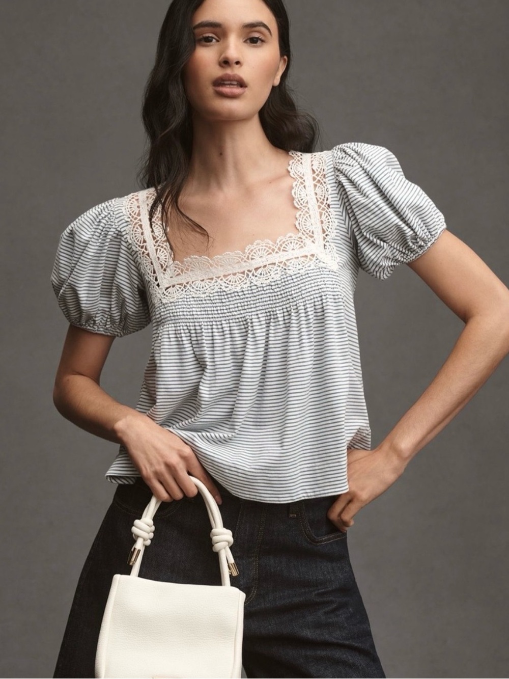 BOGO! Anthropologie Maeve Striped Lace Square Neck Knit Top Blue Size Small